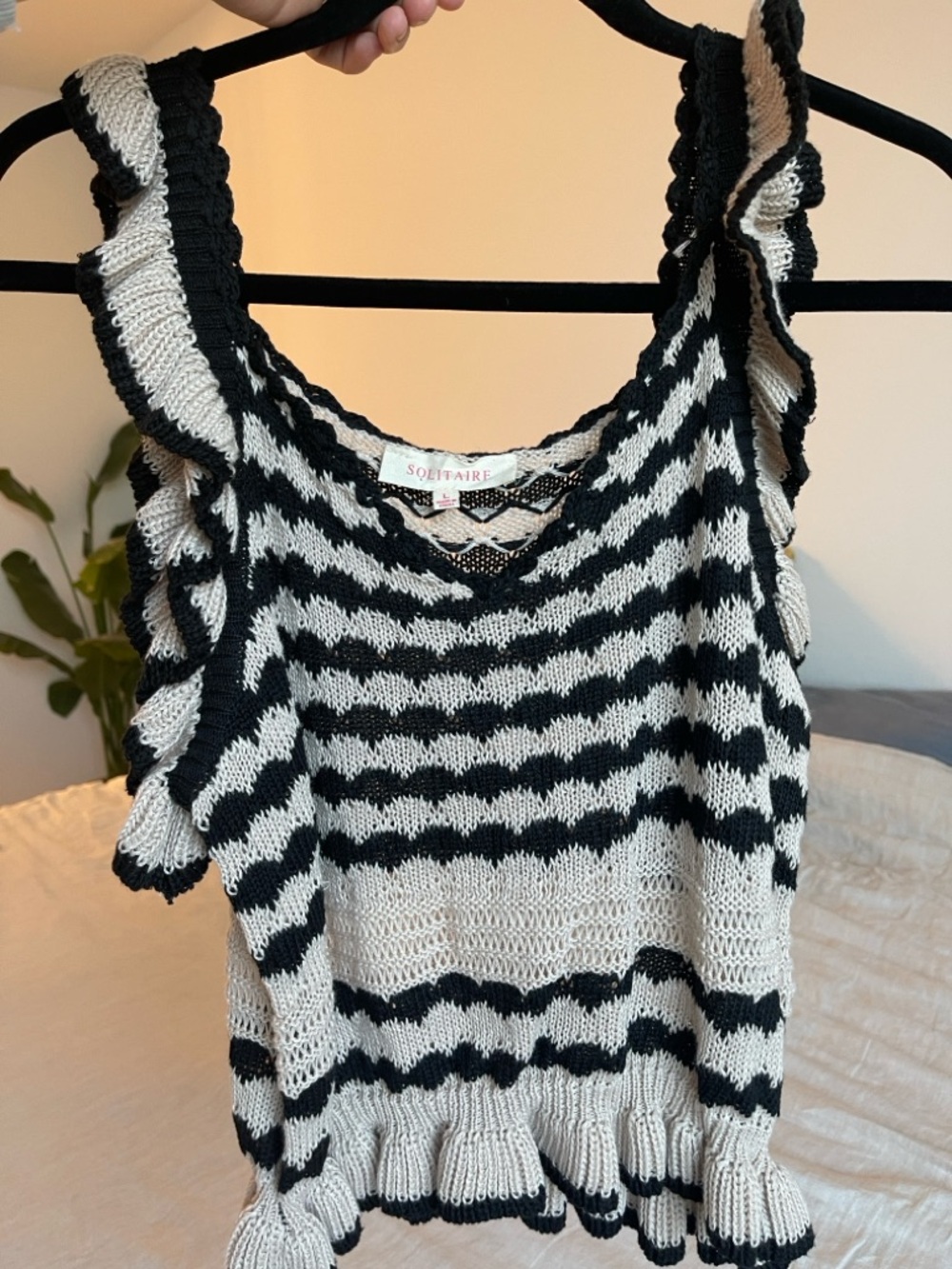 Solitaire Black & Cream Striped Ruffle Knit Tank
